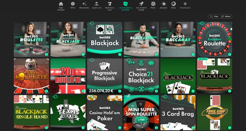 les jeux de table sur bet365 casino