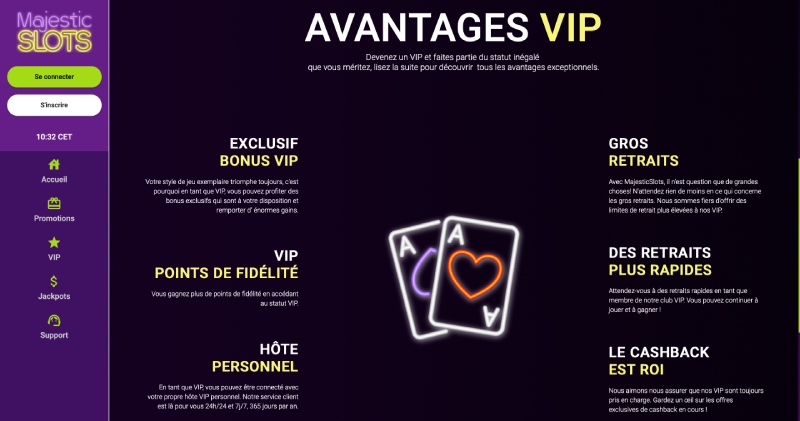 capture d'&eacute;cran club vip majestic slots casino