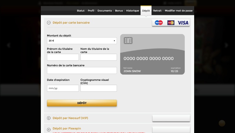 capture d'écran dépôt unique casino