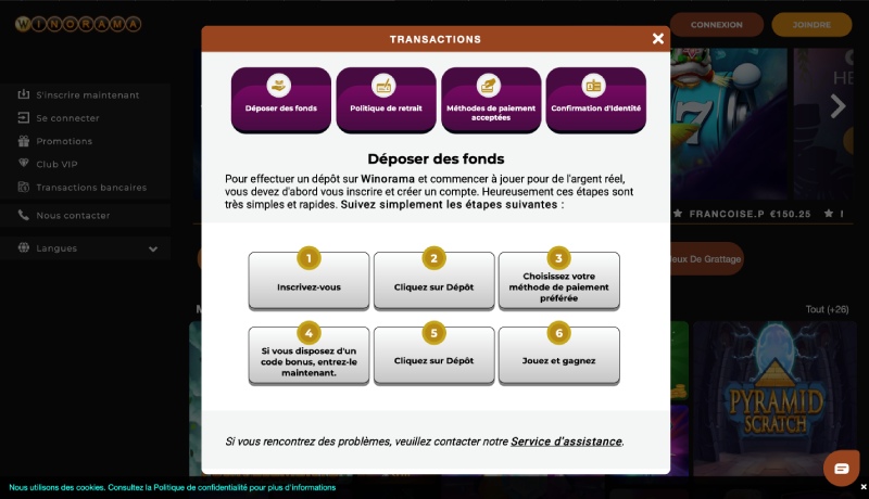 Schermata di deposito su Winorama Casino