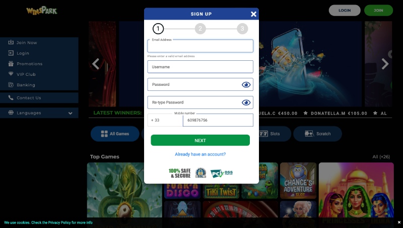 Modulo di registrazione Winspark Casino