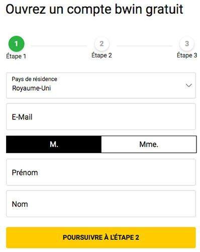Formulaire d'inscription Bwin