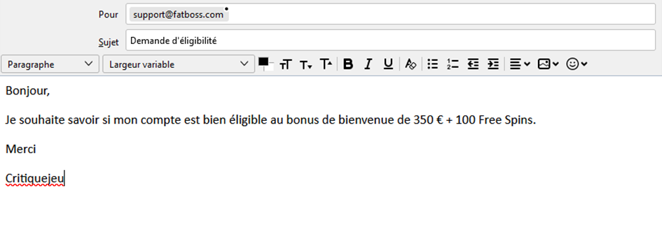 capture d'&eacute;cran email support client fatboss casino