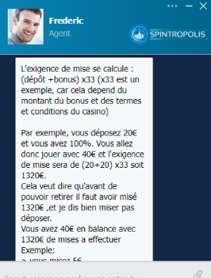 capture d'écran spintropolis casino support client