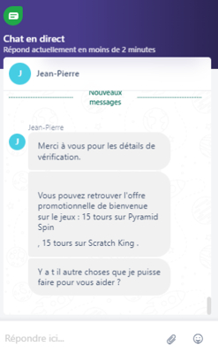 capture d'&eacute;cran chat support client gratowin casino