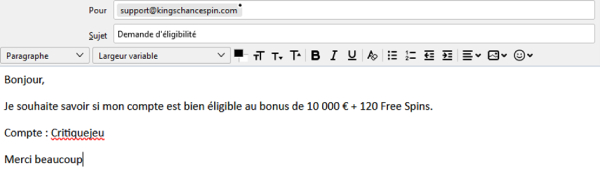 capture d'&eacute;cran kings chance maill support client