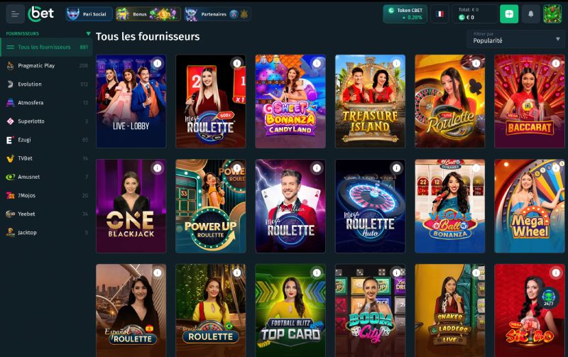 Interface du casino live Cbet