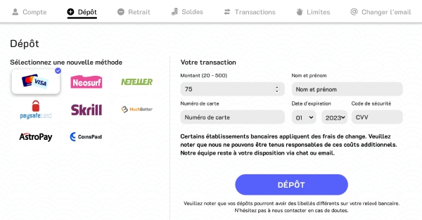 capture d'écran dépôt banzai slots