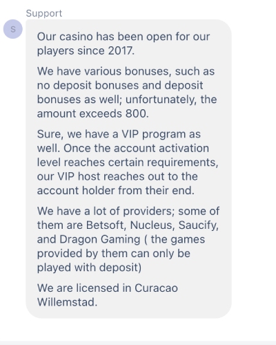 capture d'&eacute;cran support client bovegas casino