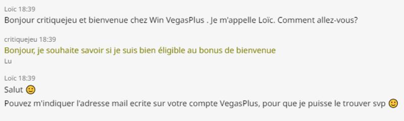 capture d'écran test live chat vegasplus