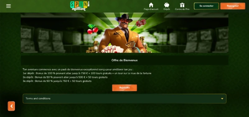 Capture d'&eacute;cran du bonus de bienvenue SpinMillion