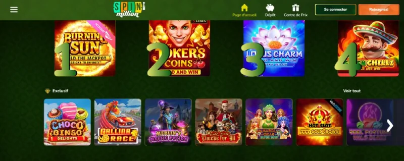 Capture d'écran des jeux de casino sur SpinMillion