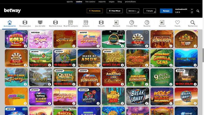 capture d'écran jeux betway casino