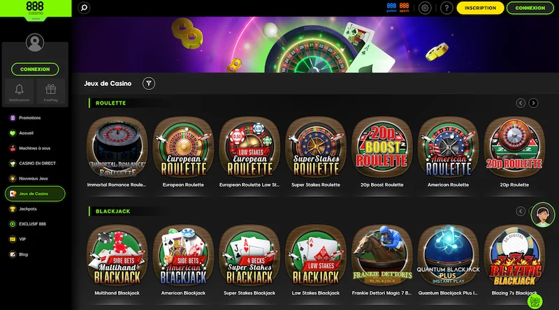 Capture d'écran des jeux de table sur 888 Casino