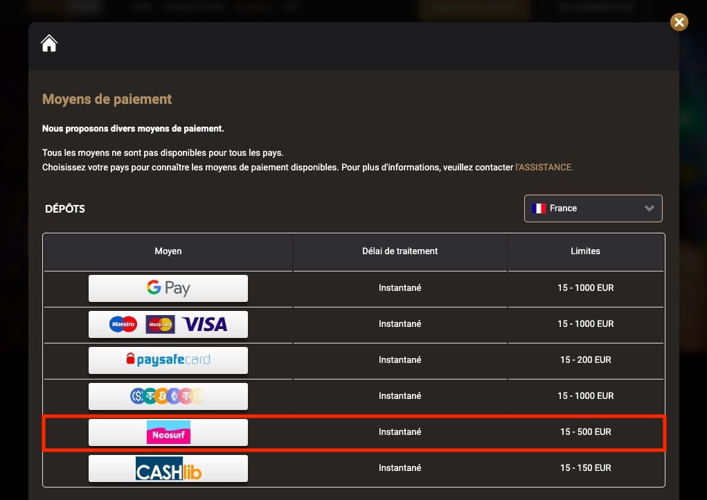 capture d'écran de la méthode paiement neosurf sur megawin