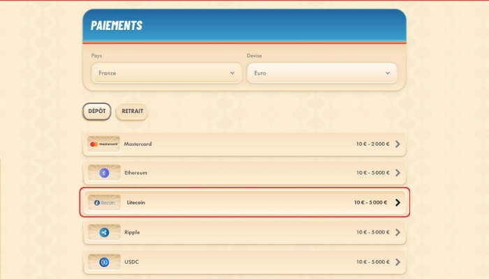 capture d'ecran dépot litecoin sur un casino
