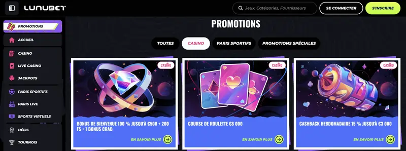capture d'écran lunubet liste des bonus disponibles