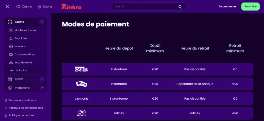 capture d'écran méthode de paiement cashlib sur zinkra casino