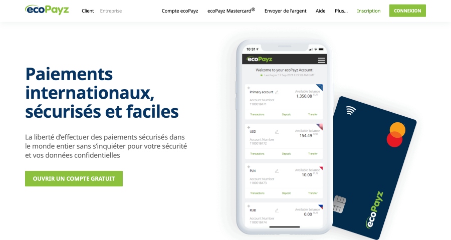 capture d'écran page d'accueil ecopayz