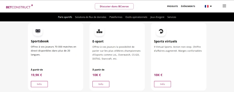Capture d'écran des solutions pour paris sportifs sur BetConstruct