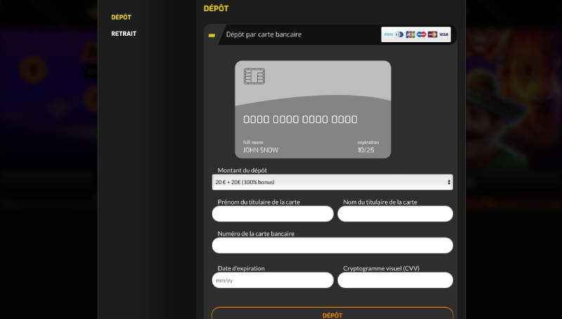 Capture d’écran de dépôt Casino Intense