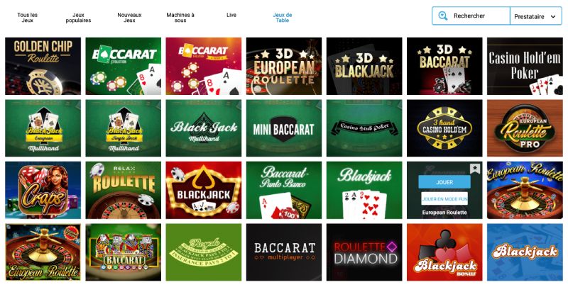 capture d'écran evolve casino jeux de table