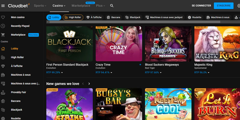 capture d'écran jeux de casino cloudbet