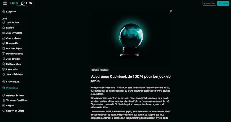 bonus cashback true fortune casino