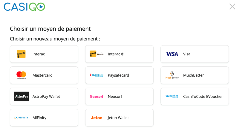 capture d'écran casigo moyen de paiement