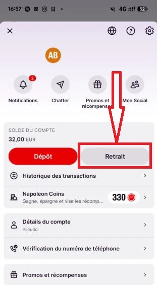 capture decran retrait etape 1 napoleon casino