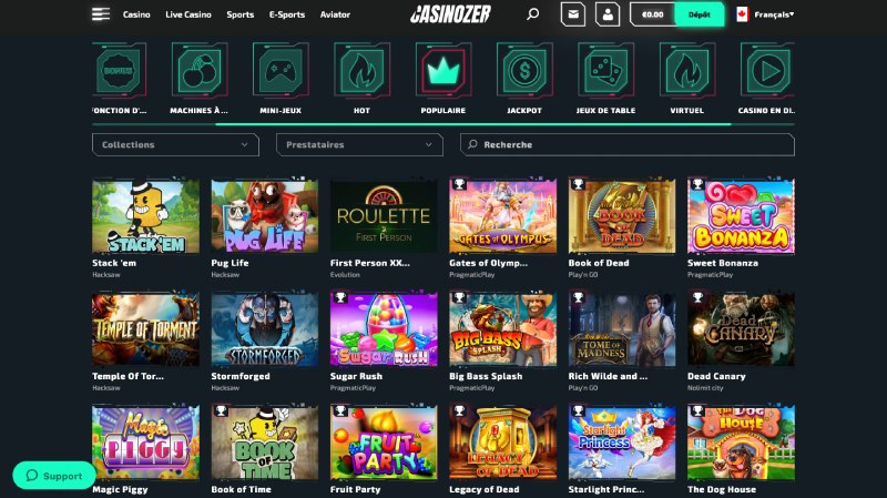 capture d'écran jeux de casino casinozer