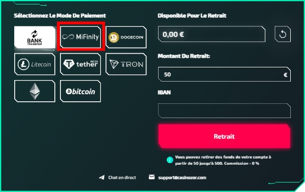 capture d'&eacute;cran casinozer retrait mifinity