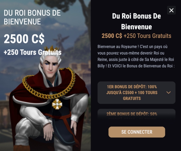 capture d'&eacute;cran king billy casino bonus de bienvenue