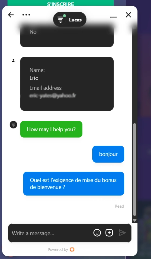 Capture d'écran d'un échange avec le service client de Wild Tornado
