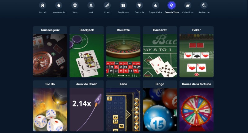 capture d'écran winz casino jeux de table