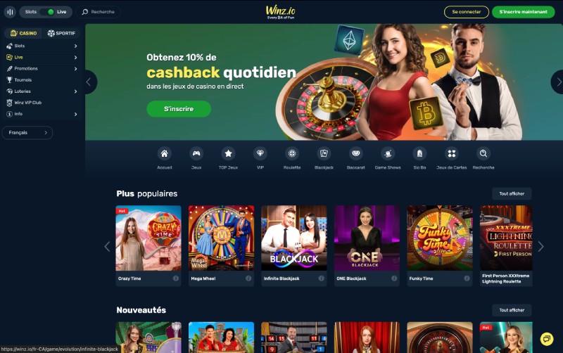 capture d'&eacute;cran winz casino page d'accueil