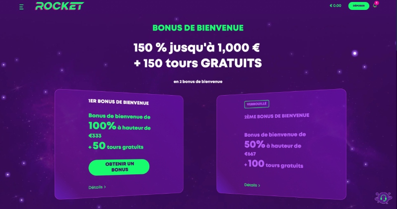 capture d'&eacute;cran bonus de bienvenue casino rocket