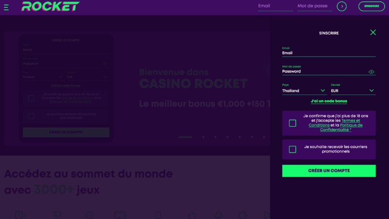 Casino Rocket registration form interface