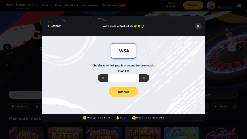 capture d'écran retrait boomerang casino
