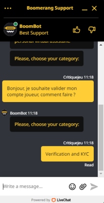 capture d'écran support client boomerang casino