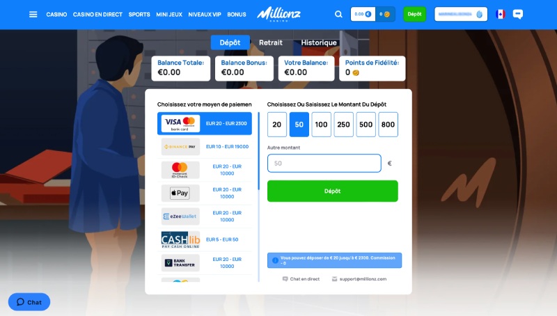 capture d'écran dépôt millionz casino