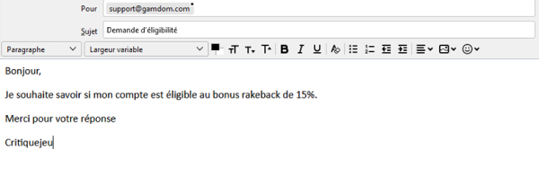 capture d'&eacute;cran email support client gamdom casino