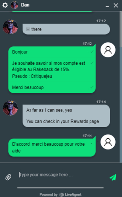 capture d'&eacute;cran support client gamdom casino