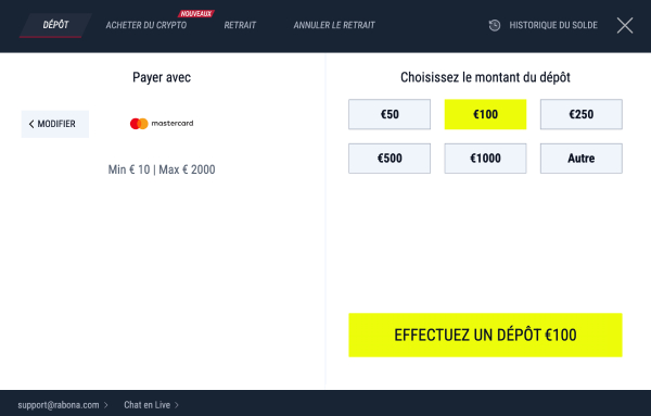 capture d'écran dépôt rabona casino