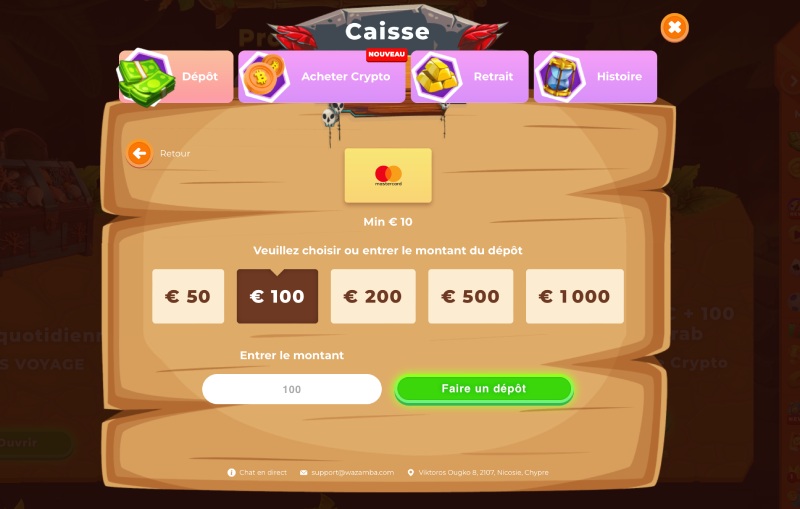 capture d'écran depot wazamba casino