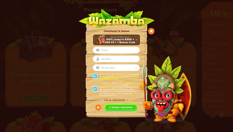 Wazamba regisztrációs képernyőkép az alkalmazásban