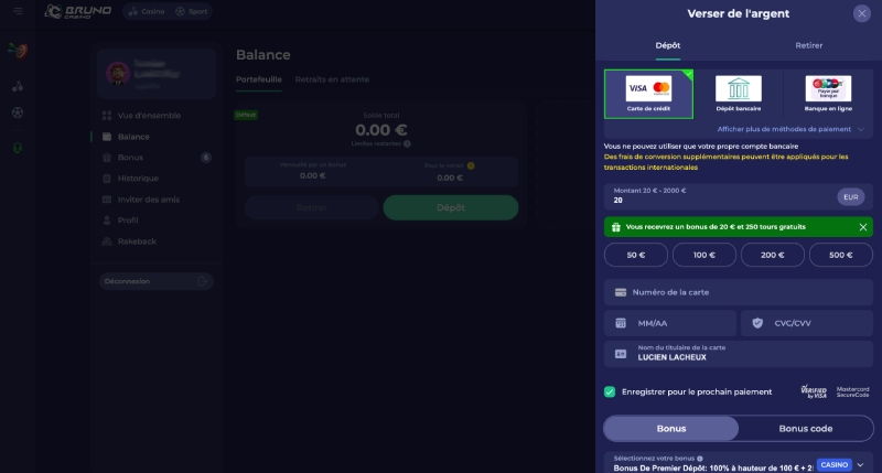 Interface de dépôt Bruno Casino