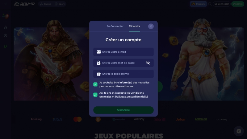 Interface du formulaire dinscription Bruno Casino montrant les champs requis
