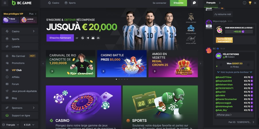 capture d'&eacute;cran interface bc game casino