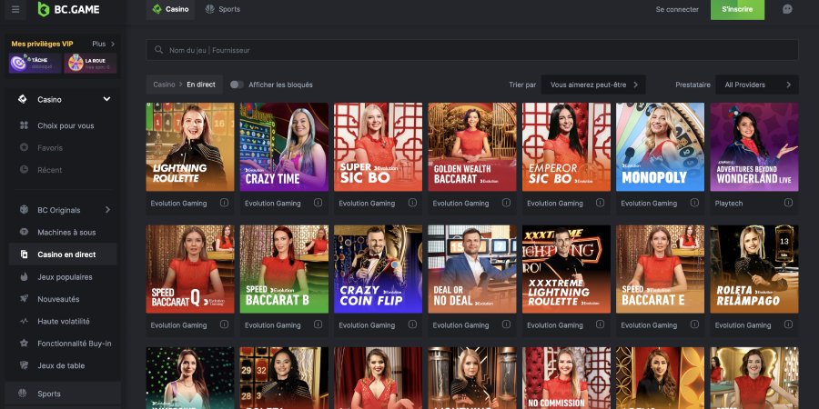 capture d'&eacute;cran live casino bc game casino